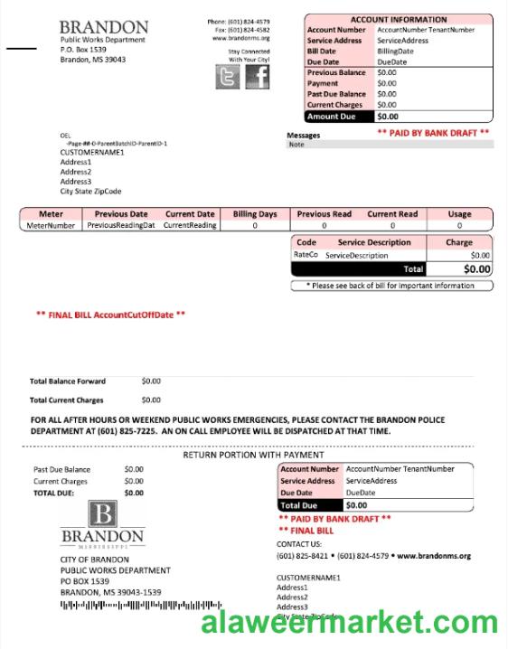 USA BRANDON MISSISSIPPI utility bill Word and PDF template